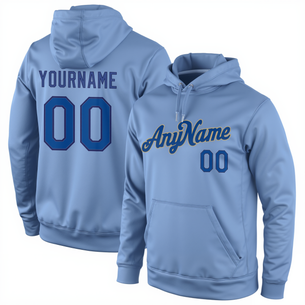 Custom Light Blue & Royal/Gold Pullover Sports Sweatshirt Hoodie