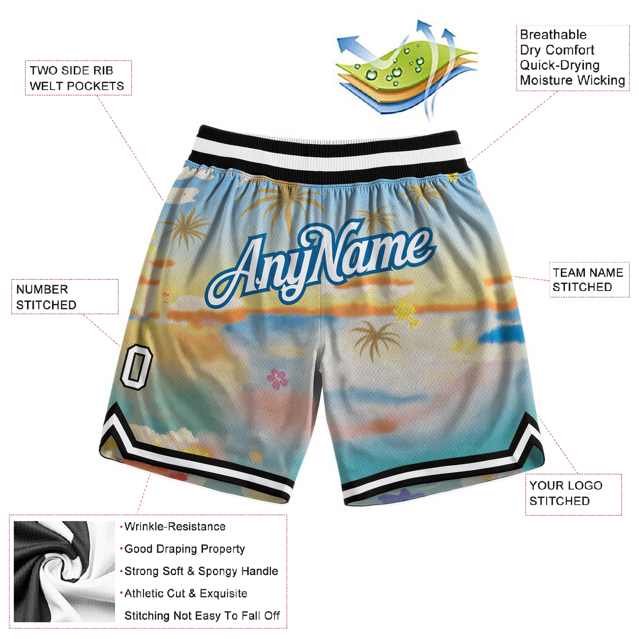 Custom 3D Pattern Lake Blue & White/Teal Hawaii Throwback Shorts