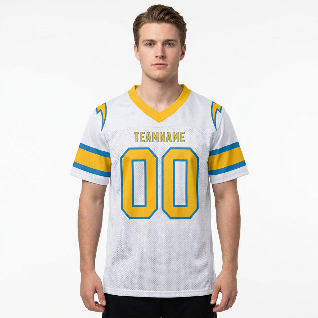 Custom White & Gold/Powder Blue Football Jersey