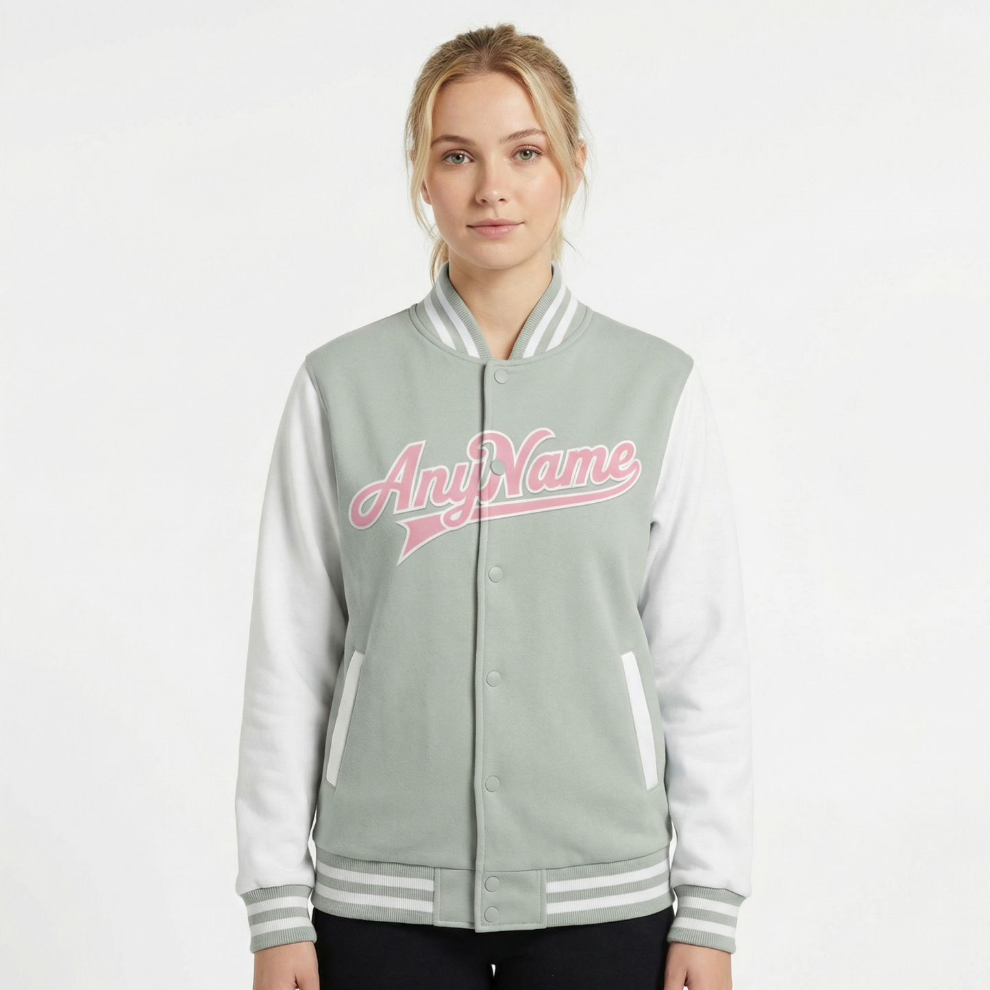 Custom Grey & Pink/White Raglan Sleeves Full-Snap Fleece Jacket