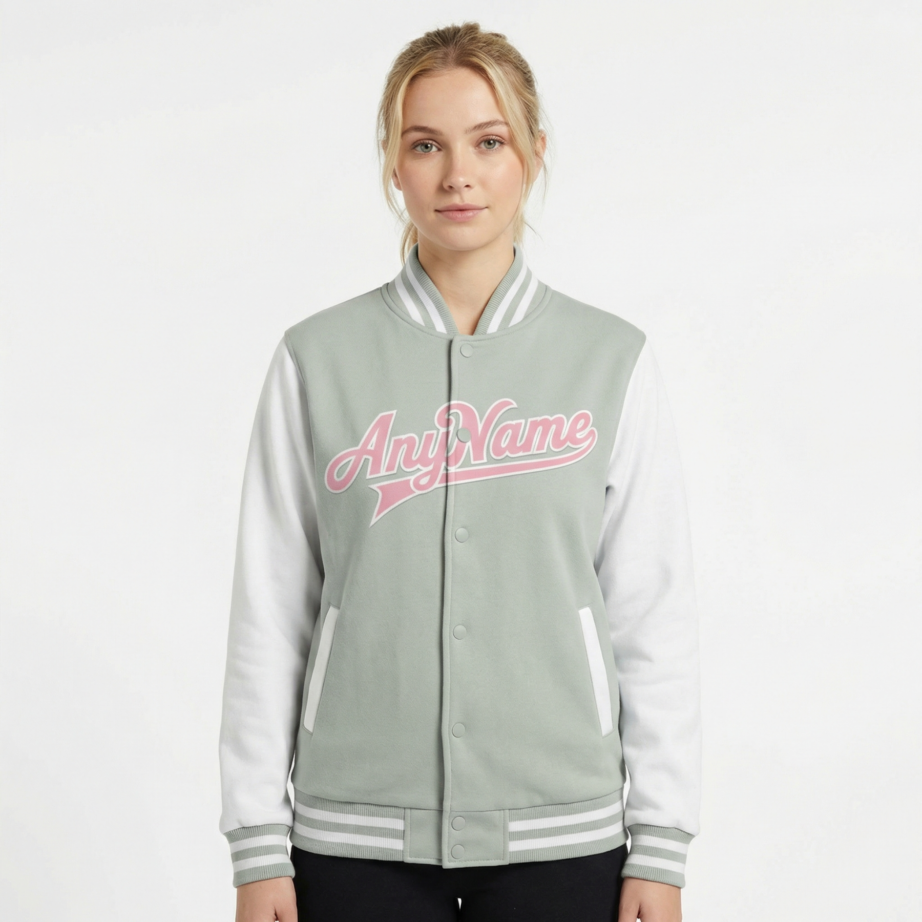 Custom Grey & Pink/White Raglan Sleeves Full-Snap Fleece Jacket