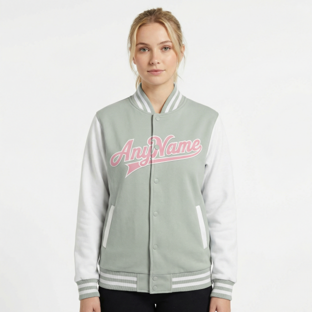 Custom Grey & Pink/White Raglan Sleeves Full-Snap Fleece Jacket