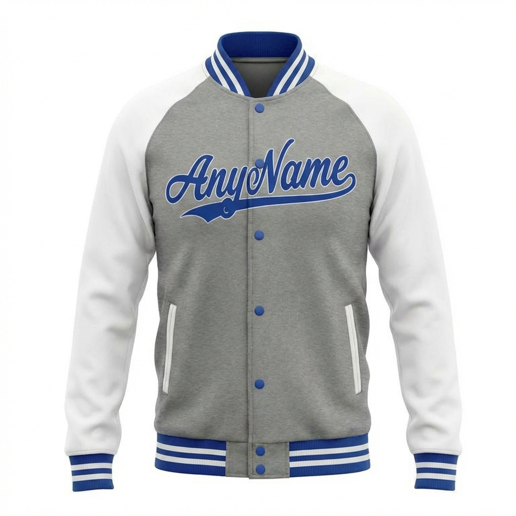 Custom Grey & Royal/White Raglan Sleeves Full-Snap Fleece Jacket