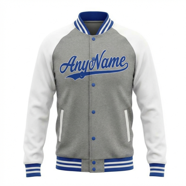 Custom Grey & Royal/White Raglan Sleeves Full-Snap Fleece Jacket