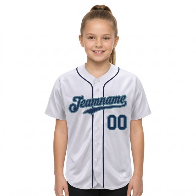 Custom White & Navy/Teal Classic Fashion Baseball Jersey