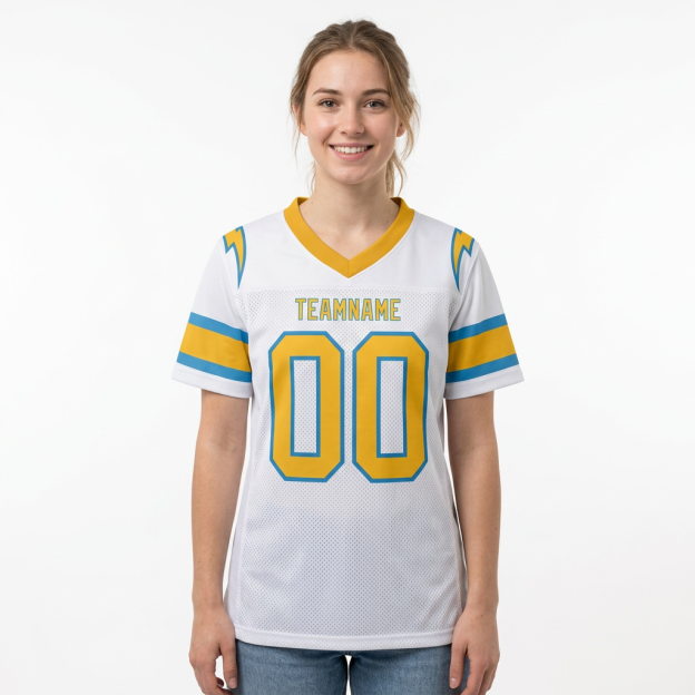 Custom White & Gold/Powder Blue Football Jersey
