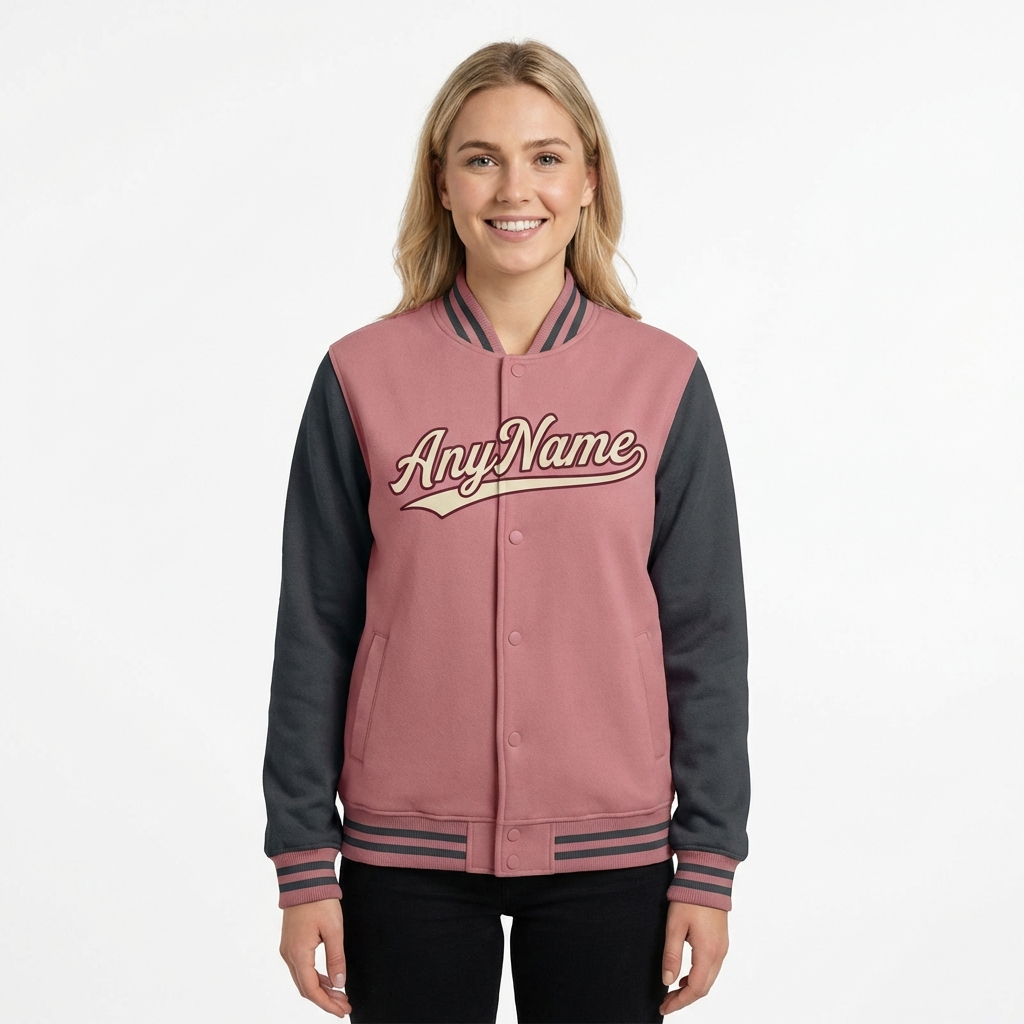 Custom Pink & Burgundy/Grey Raglan Sleeves Full-Snap Fleece Jacket