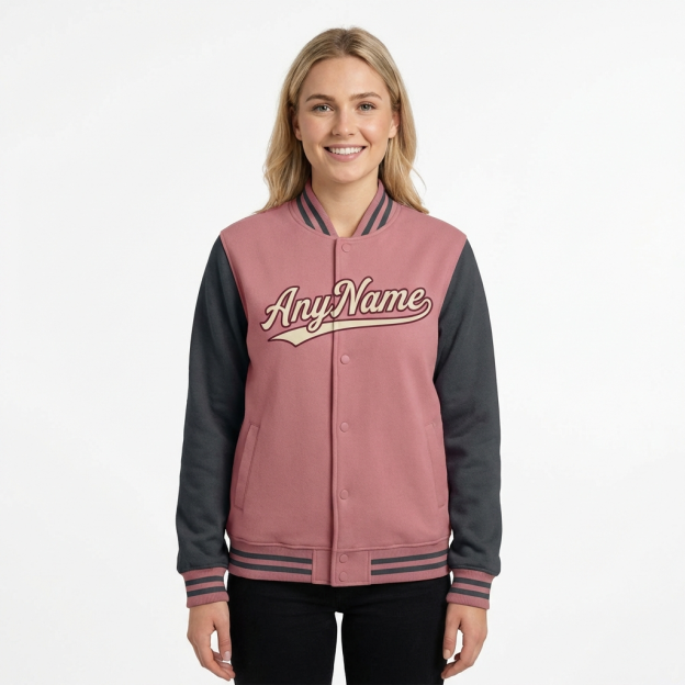 Custom Pink & Burgundy/Grey Raglan Sleeves Full-Snap Fleece Jacket