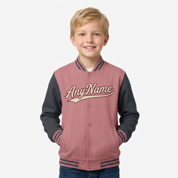 Custom Pink & Burgundy/Grey Raglan Sleeves Full-Snap Fleece Jacket