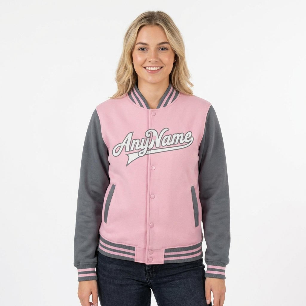 Custom Pink & White/Grey Raglan Sleeves Full-Snap Fleece Jacket