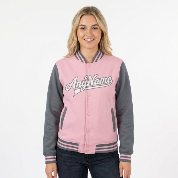 Custom Pink & White/Grey Raglan Sleeves Full-Snap Fleece Jacket