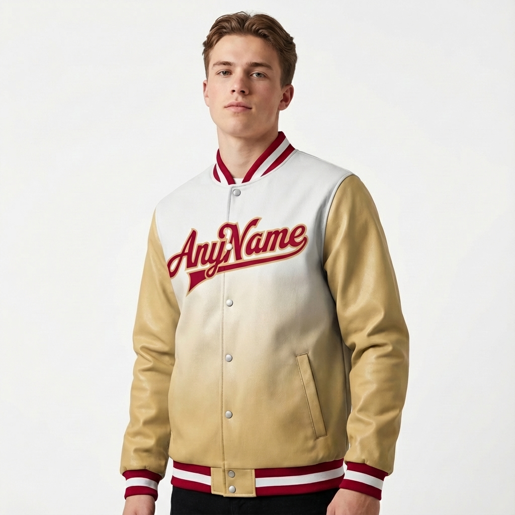 Custom White & Khaki/Red Full-Snap Gradient Raglan Sleeves Fleece Jacket