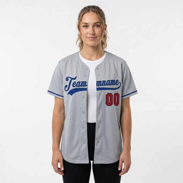 Custom Grey & Royal/Red Classic Fashion Baseball Jersey