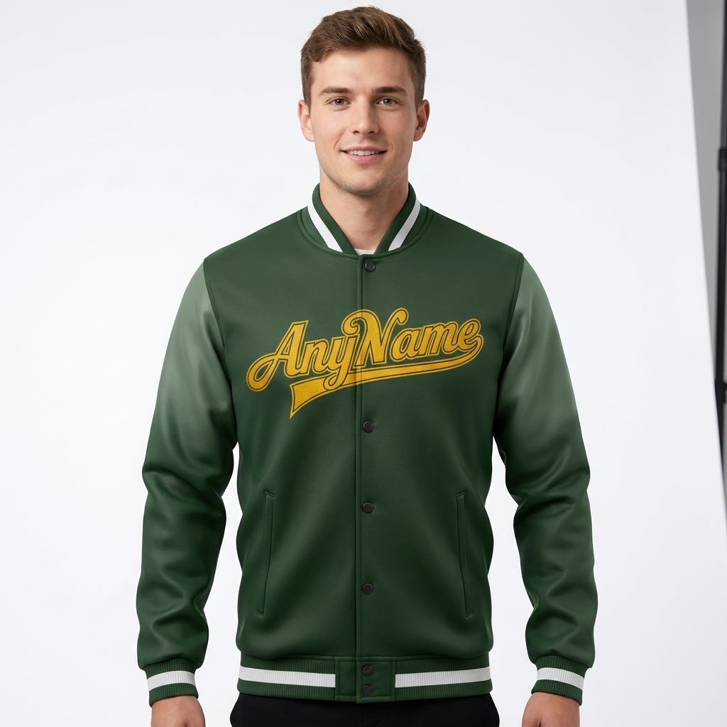 Custom Forest Green & Yellow/Gray Full-Snap Gradient Raglan Sleeve Fleece Jacket