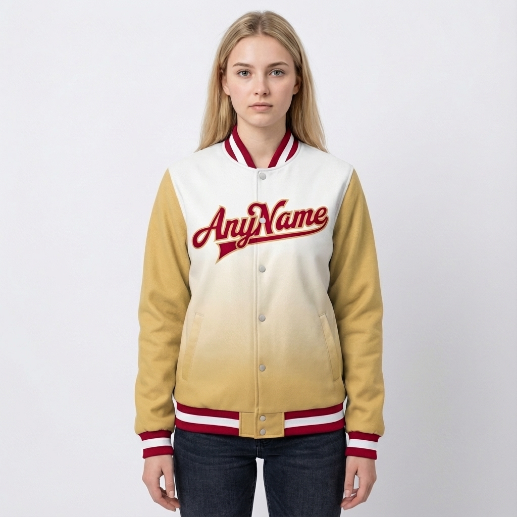 Custom White & Khaki/Red Full-Snap Gradient Raglan Sleeves Fleece Jacket