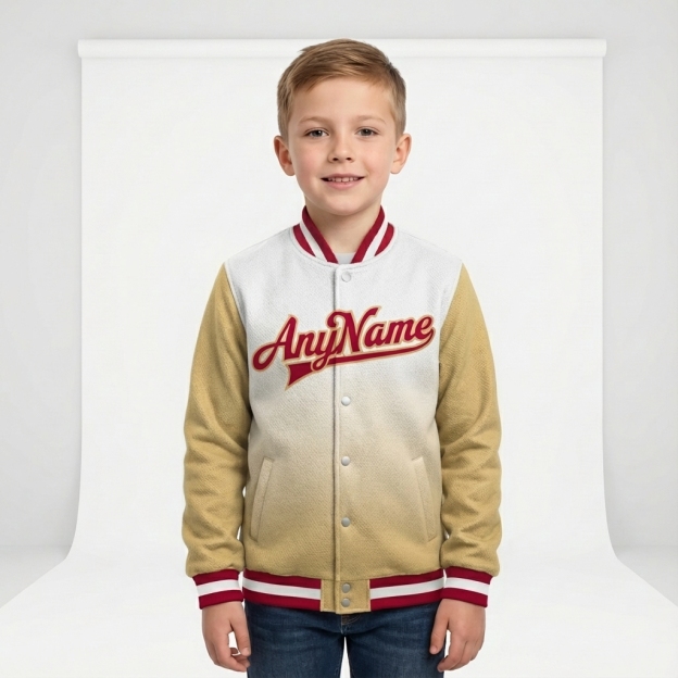 Custom White & Khaki/Red Full-Snap Gradient Raglan Sleeves Fleece Jacket