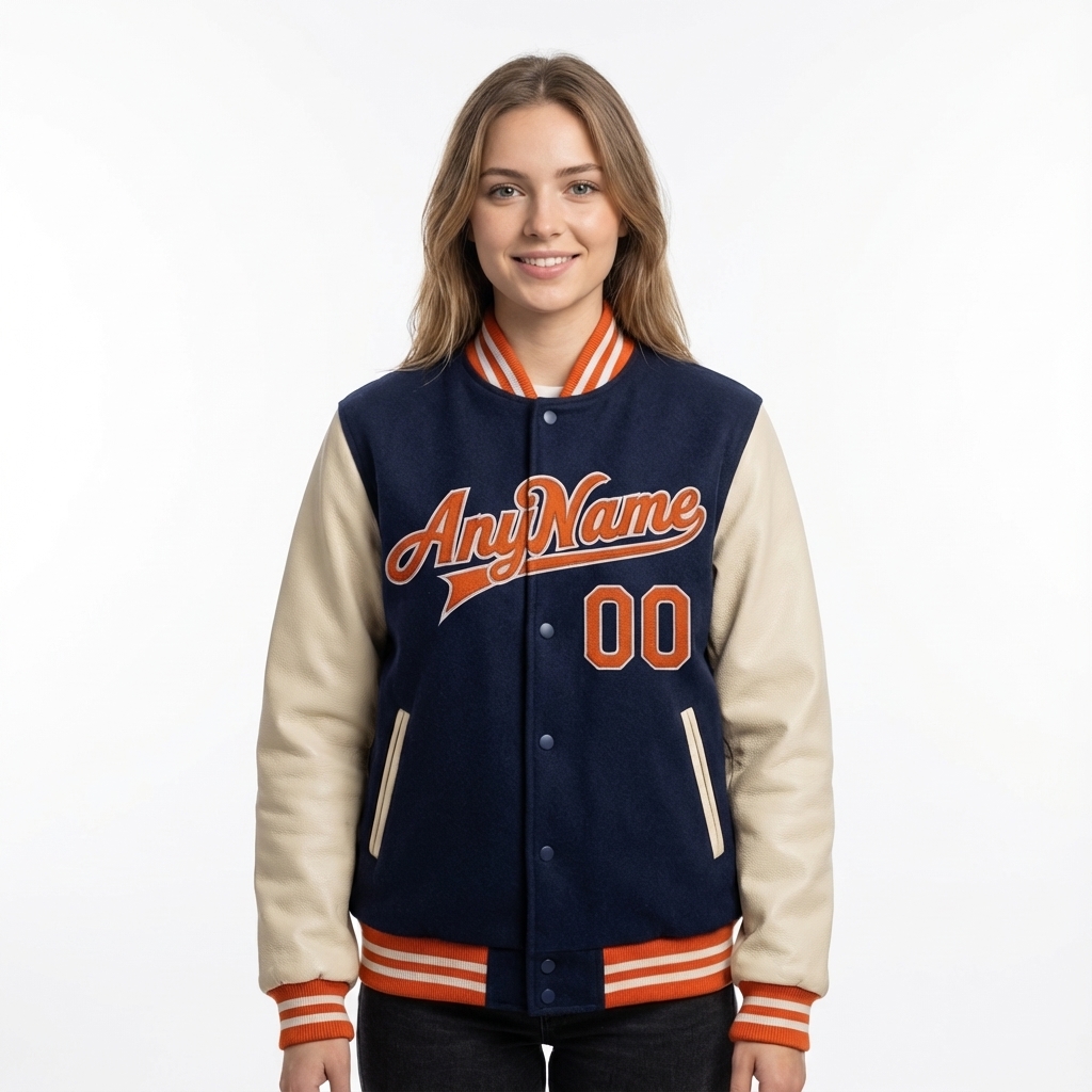 Custom Navy & White/Orange Full-Snap Raglan Sleeve Fleece Jacket