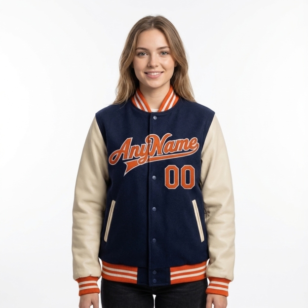 Custom Navy & White/Orange Full-Snap Raglan Sleeve Fleece Jacket