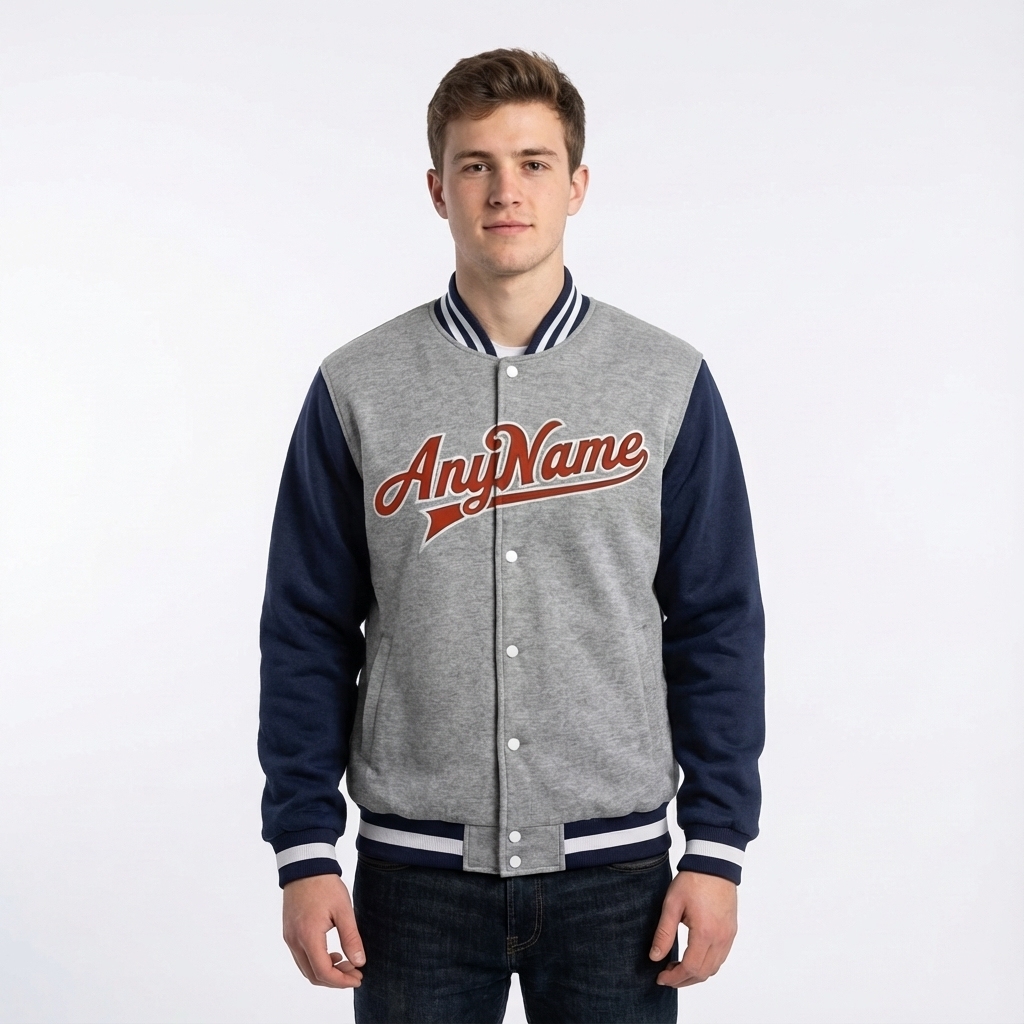 Custom Grey & Navy/Red Full-Snap Raglan Sleeve Fleece Jacket