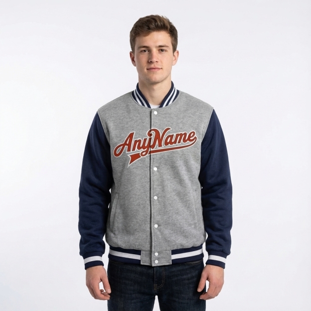 Custom Grey & Navy/Red Full-Snap Raglan Sleeve Fleece Jacket