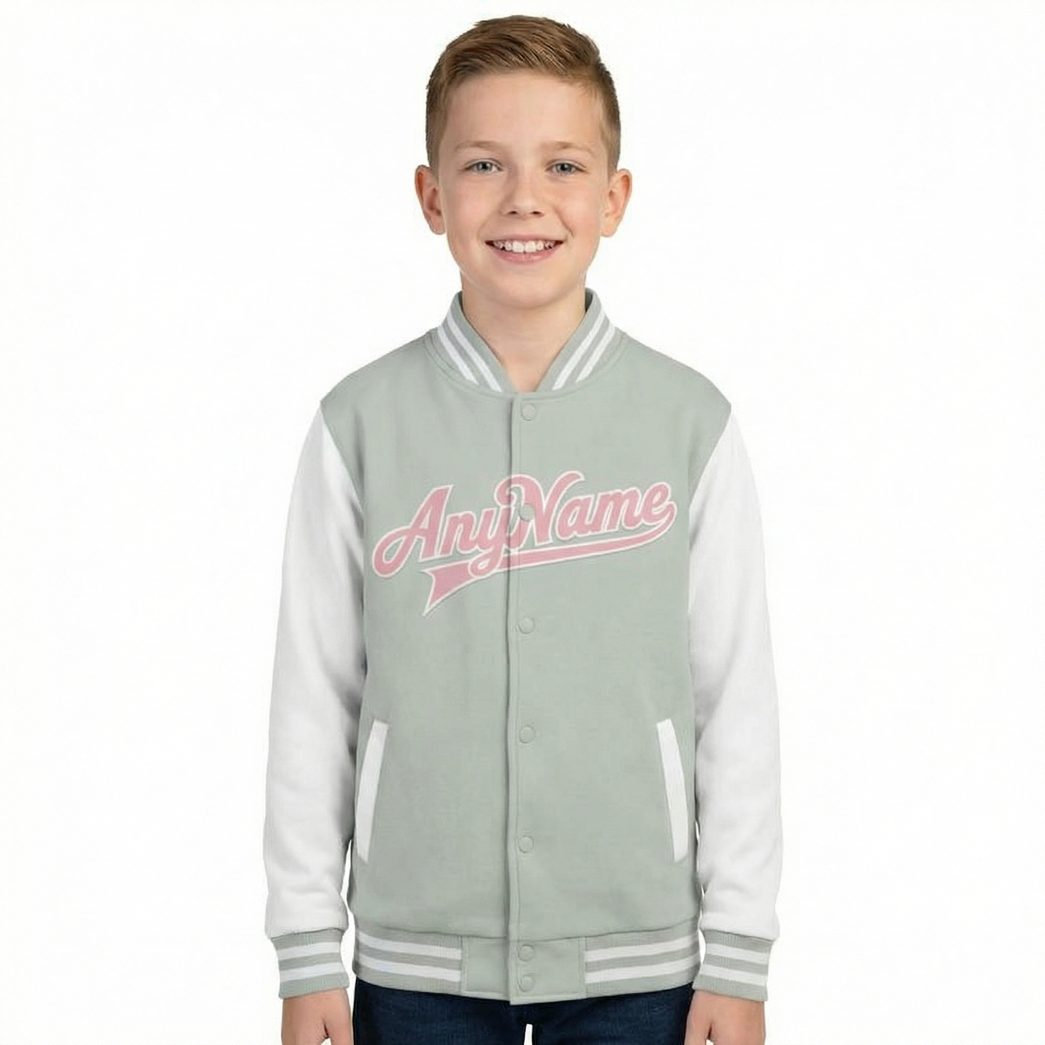 Custom Grey & Pink/White Raglan Sleeves Full-Snap Fleece Jacket