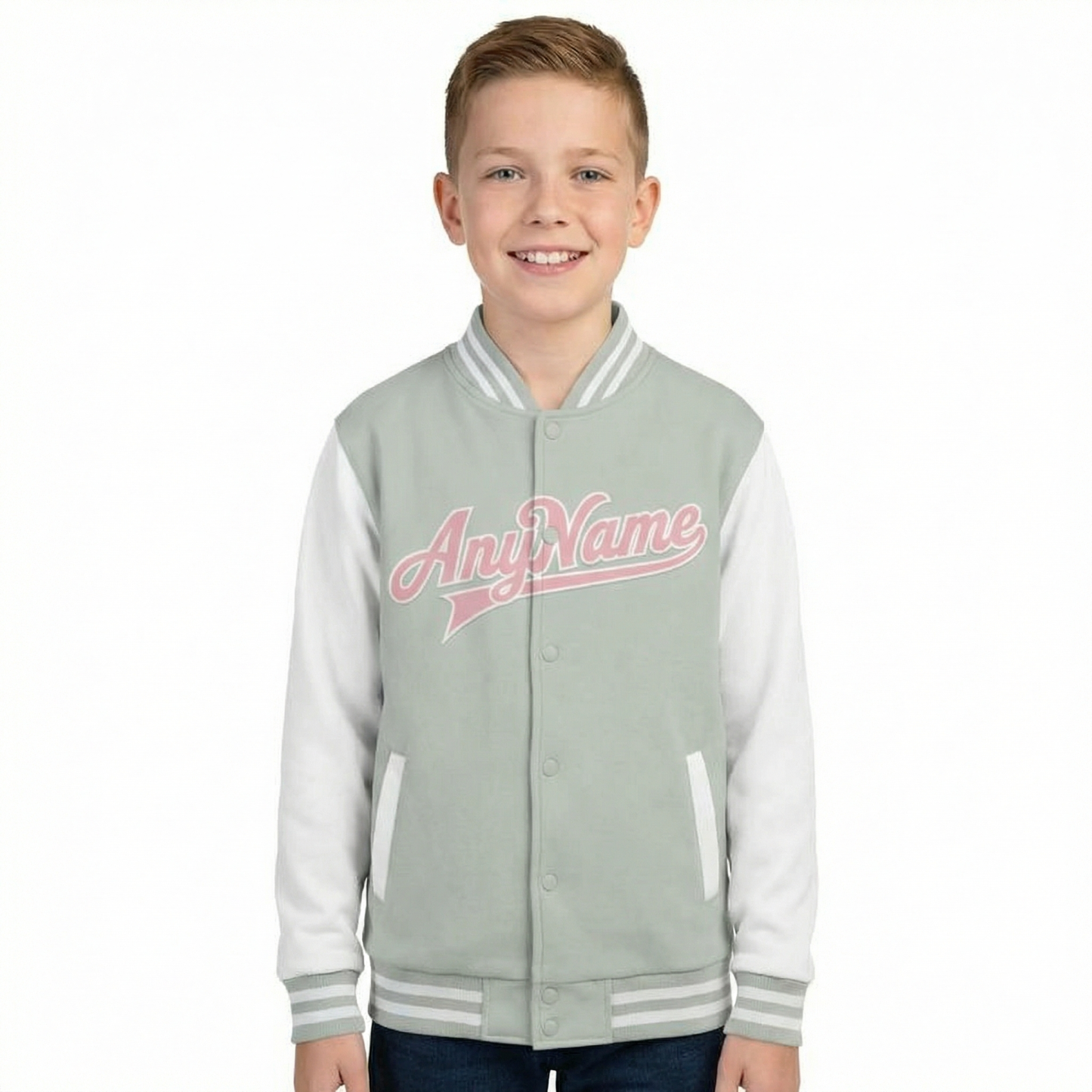 Custom Grey & Pink/White Raglan Sleeves Full-Snap Fleece Jacket