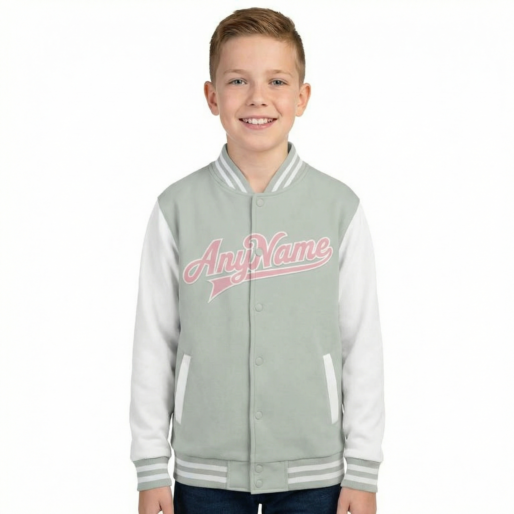 Custom Grey & Pink/White Raglan Sleeves Full-Snap Fleece Jacket