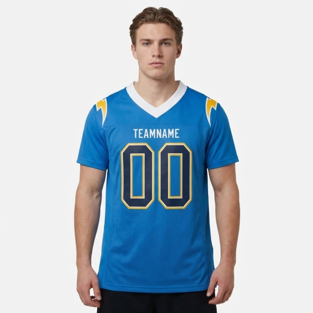 Custom Powder Blue & Navy/Gold-White Football Jersey