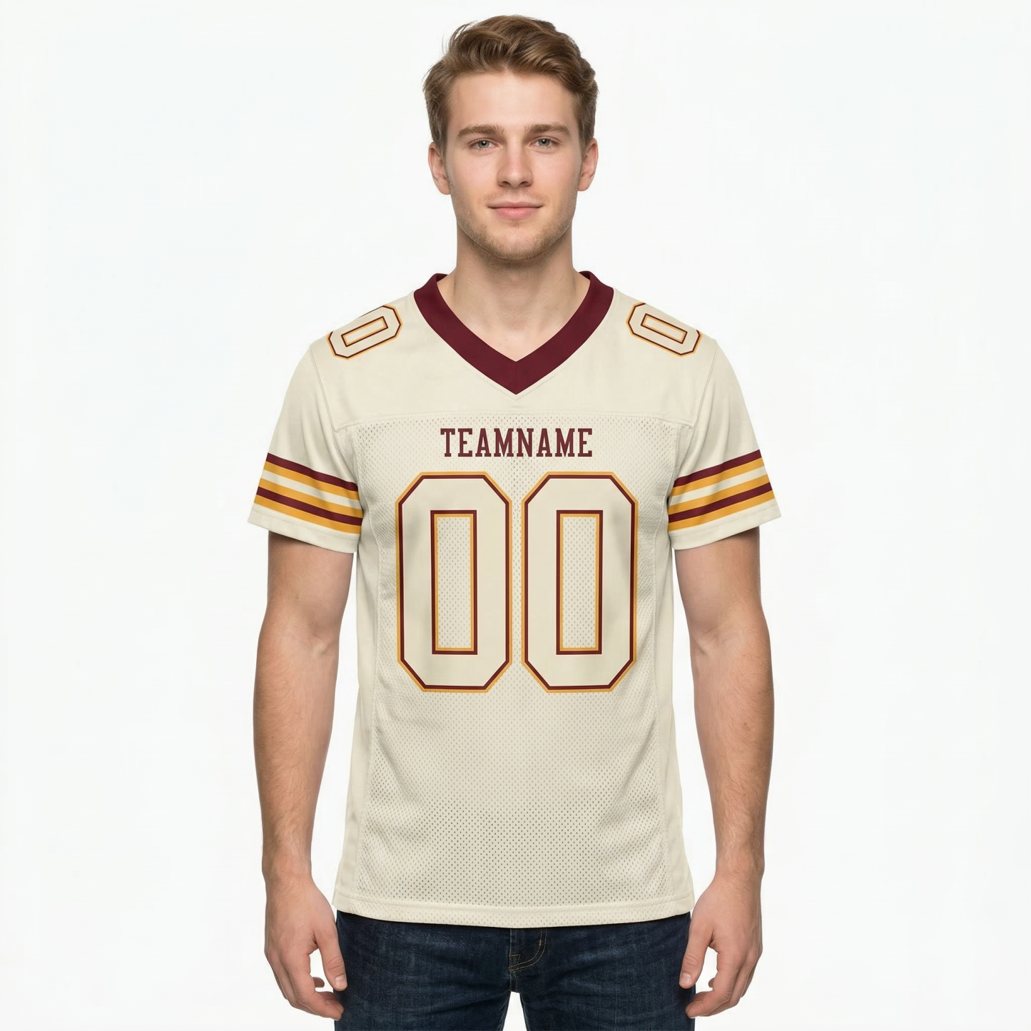 Custom Cream & Burgundy/Gold Football Jersey