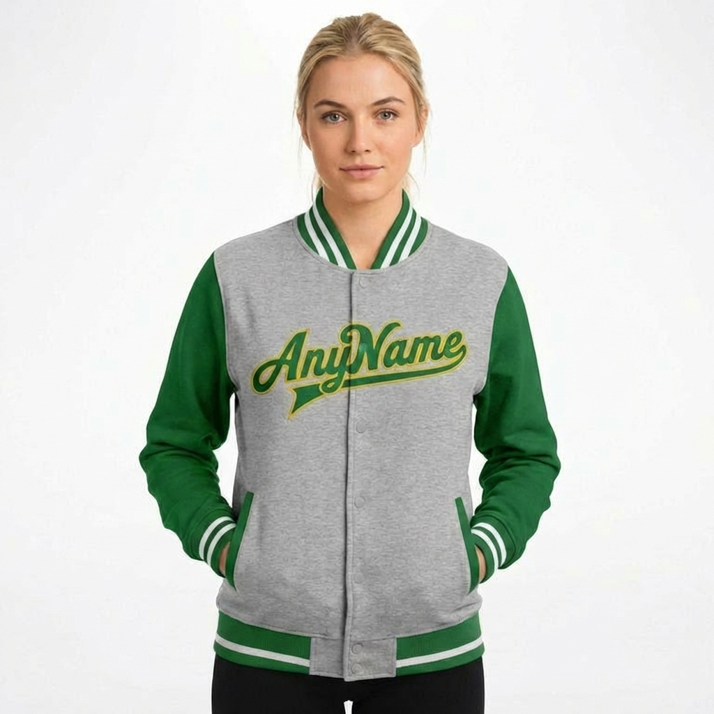 Custom Grey & White/Green Raglan Sleeves Full-Snap Fleece Jacket