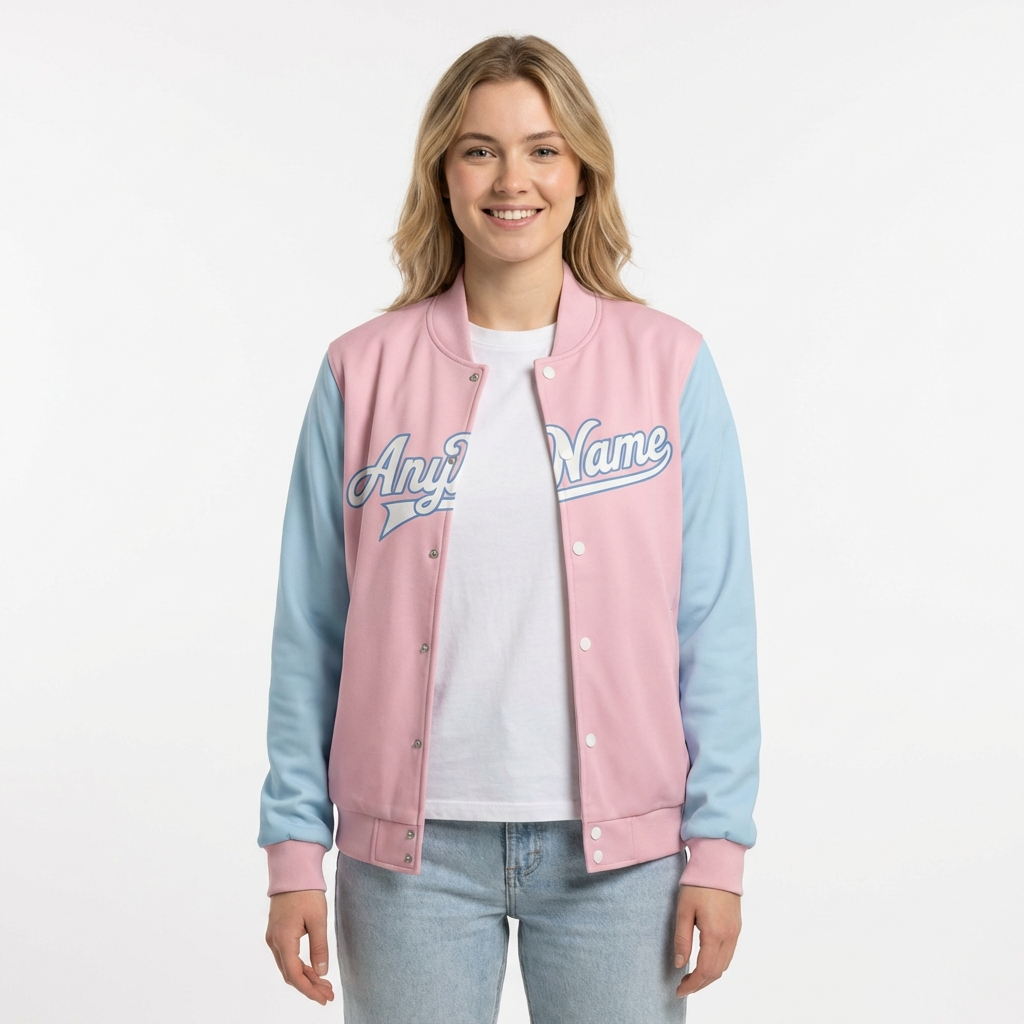Custom Pink & White/Blue Raglan Sleeves Full-Snap Fleece Jacket