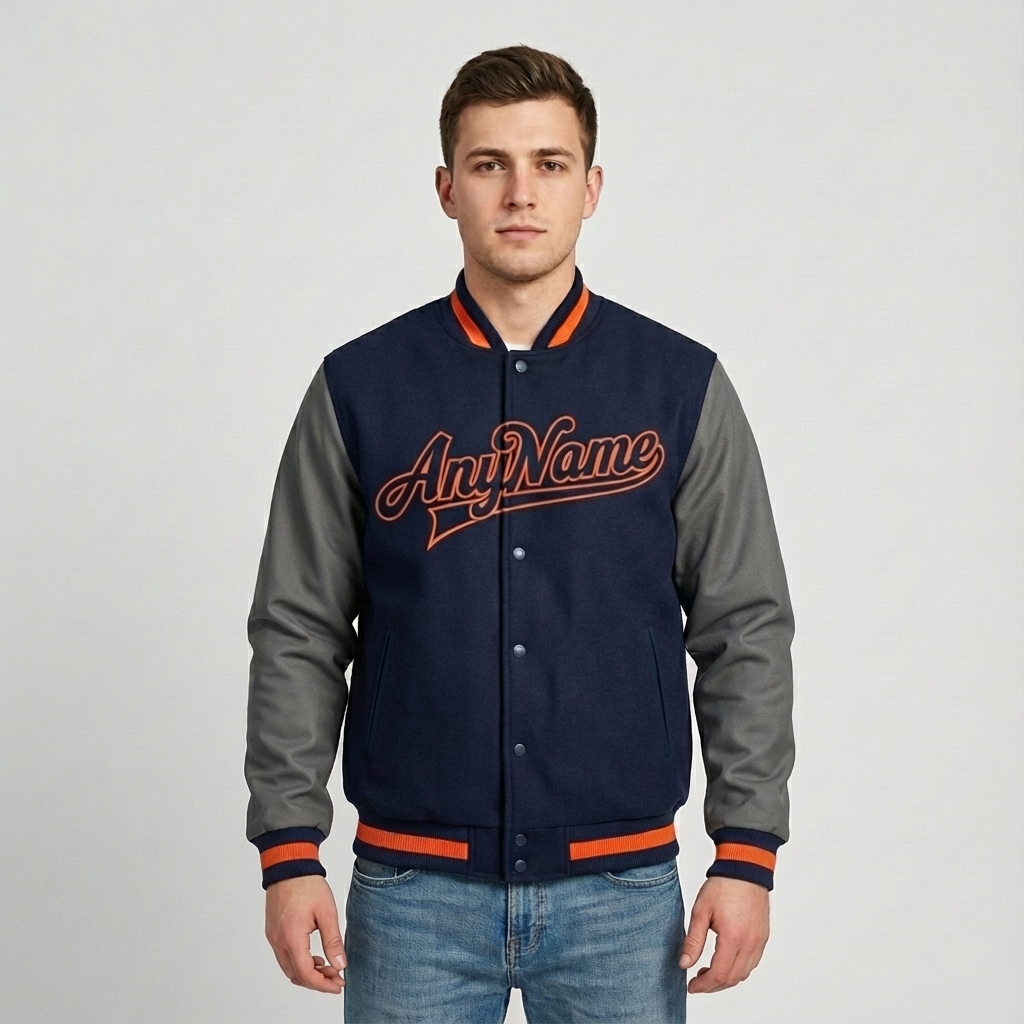 Custom Navy & Gray/Orange Full-Snap Raglan Sleeves Fleece Jacket