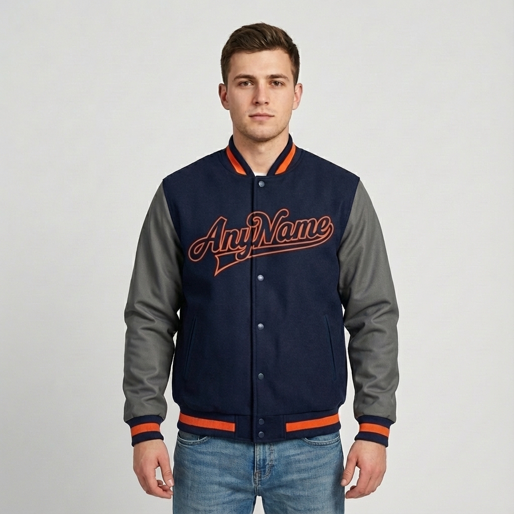 Custom Navy & Gray/Orange Full-Snap Raglan Sleeves Fleece Jacket