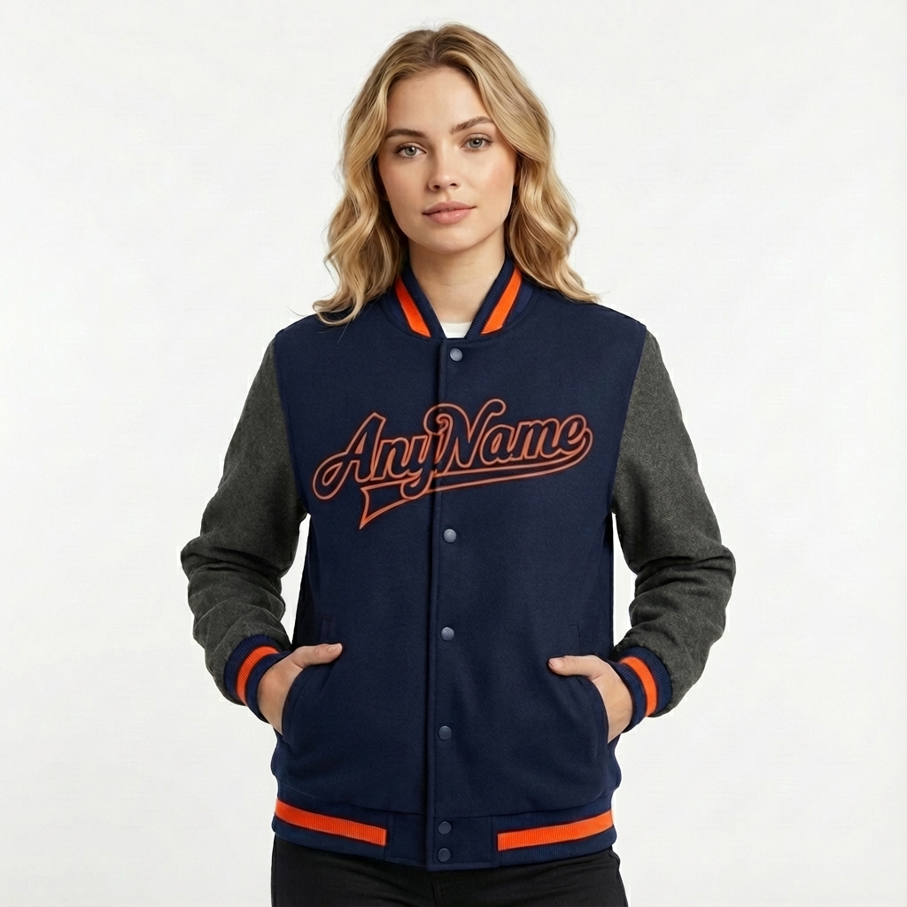 Custom Navy & Gray/Orange Full-Snap Raglan Sleeves Fleece Jacket