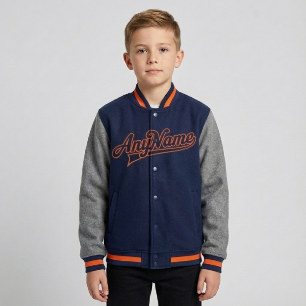 Custom Navy & Gray/Orange Full-Snap Raglan Sleeves Fleece Jacket