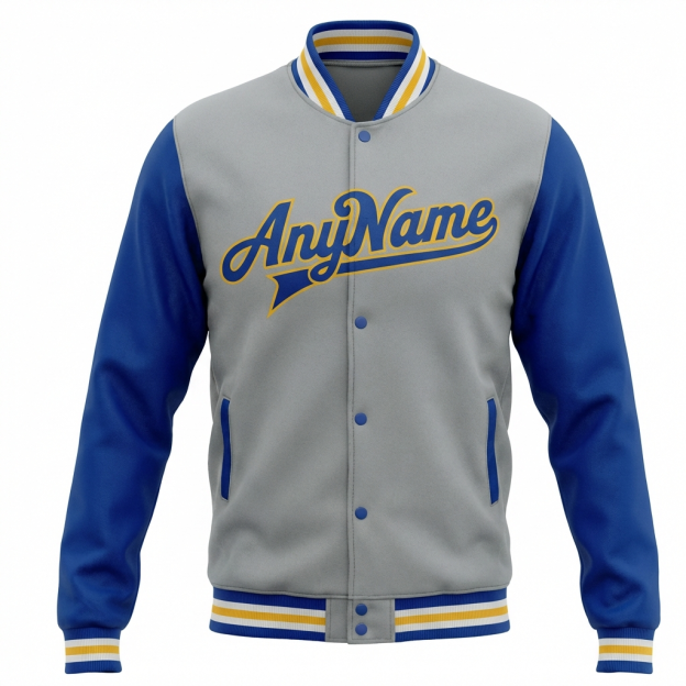 Custom Grey & Yellow/Royal Raglan Sleeves Full-Snap Fleece Jacket