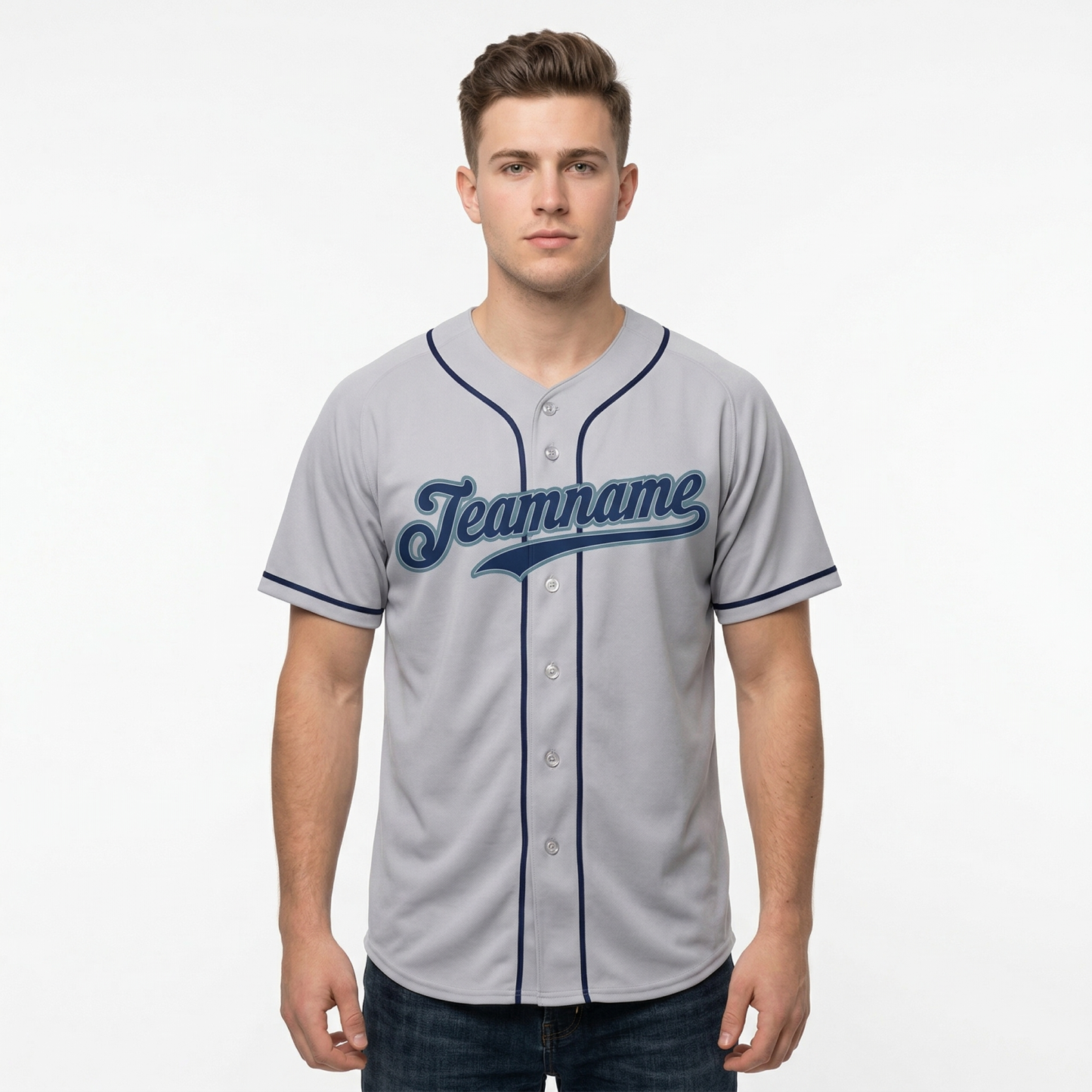 Custom Grey & Navy/Teal Classic Fashion Baseball Jersey