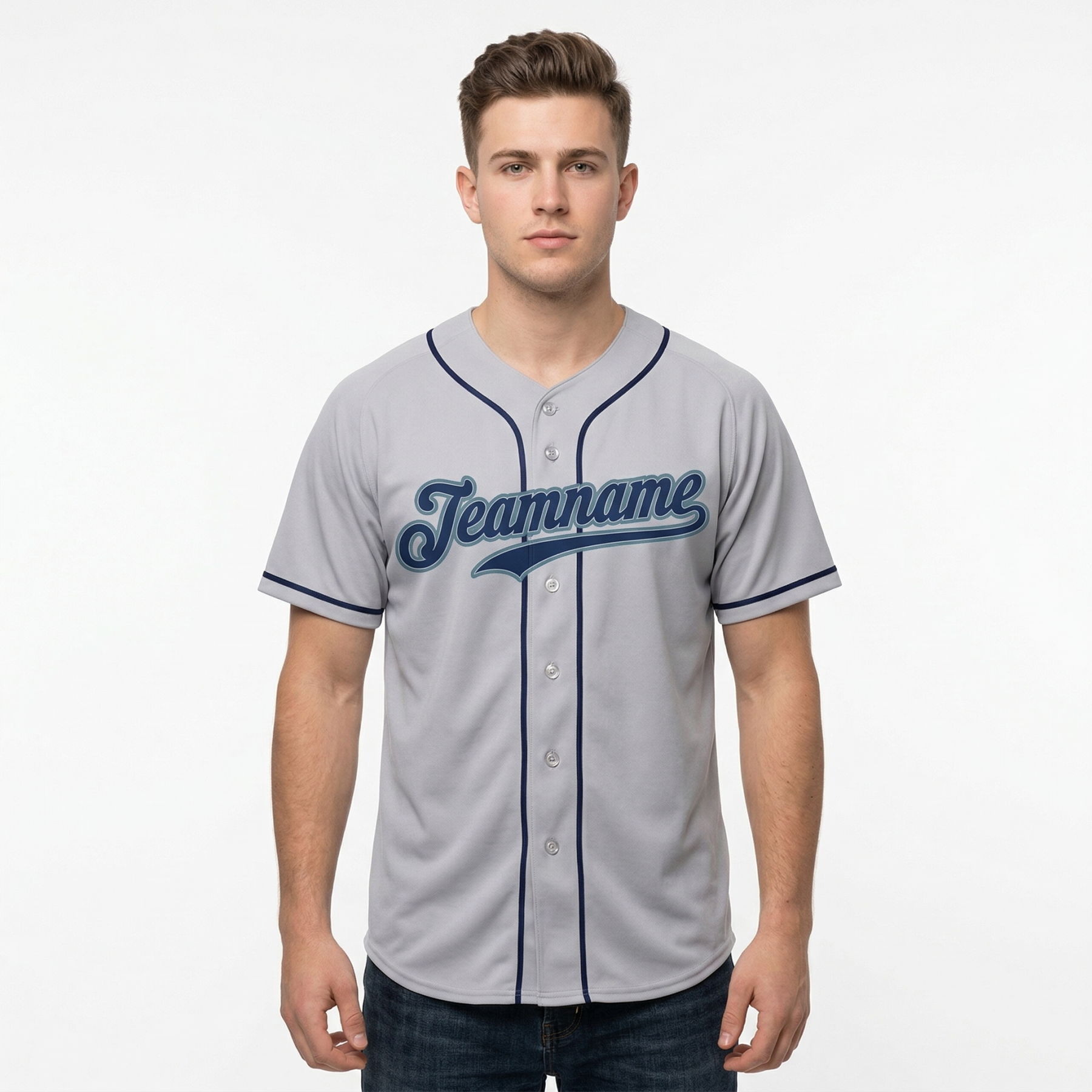 Custom Grey & Navy/Teal Classic Fashion Baseball Jersey