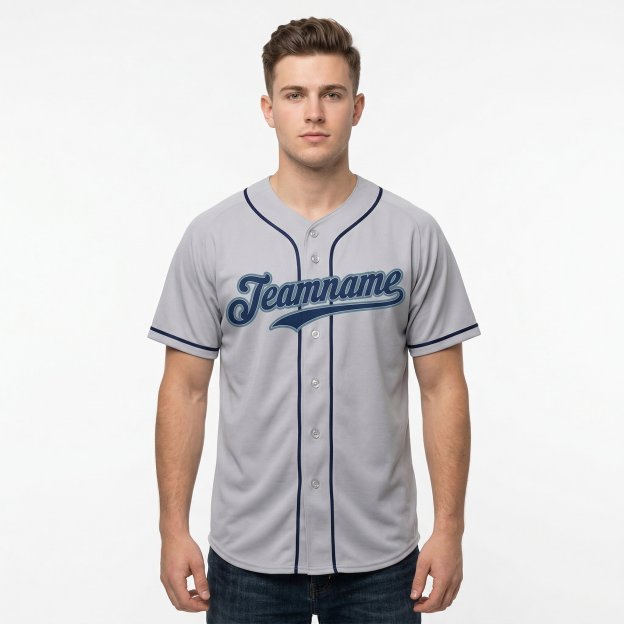 Custom Grey & Navy/Teal Classic Fashion Baseball Jersey
