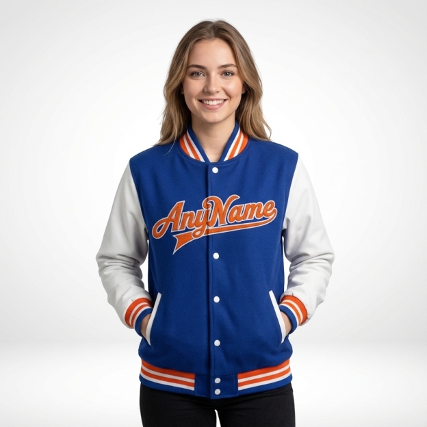 Custom Royal & Orange/White Full-Snap Raglan Sleeve Fleece Jacket