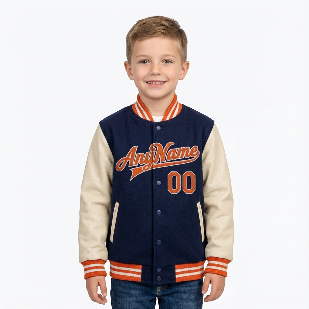 Custom Navy & White/Orange Full-Snap Raglan Sleeve Fleece Jacket