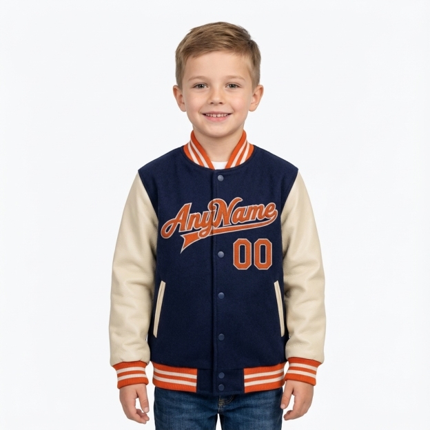 Custom Navy & White/Orange Full-Snap Raglan Sleeve Fleece Jacket