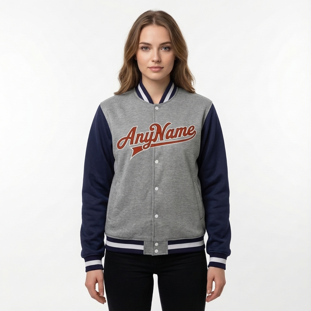 Custom Grey & Navy/Red Full-Snap Raglan Sleeve Fleece Jacket