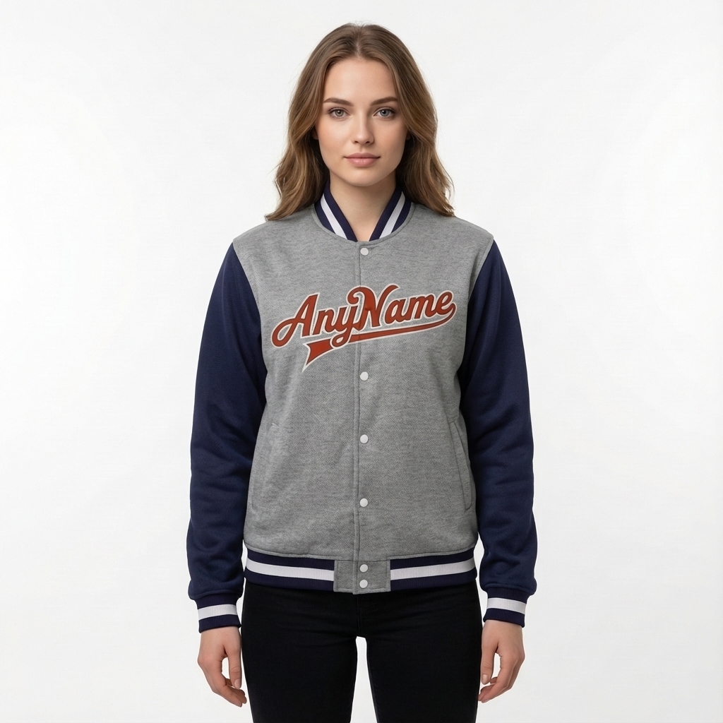Custom Grey & Navy/Red Full-Snap Raglan Sleeve Fleece Jacket