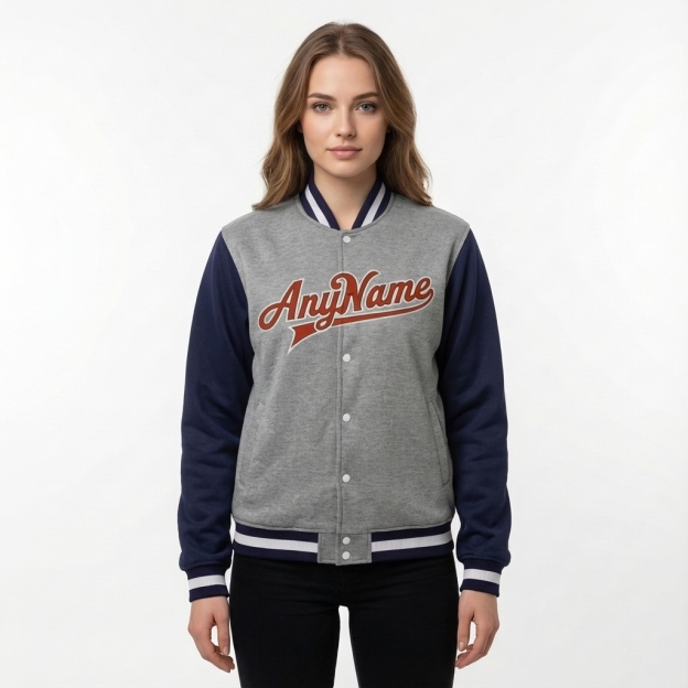 Custom Grey & Navy/Red Full-Snap Raglan Sleeve Fleece Jacket