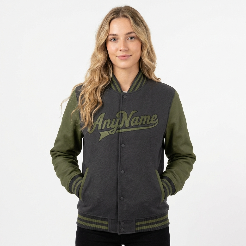 Custom Dark Grey & Olive Raglan Sleeves Full-Snap Fleece Jacket