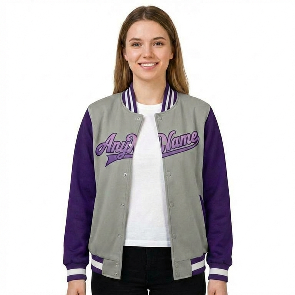 Custom Grey & White/Purple Raglan Sleeves Full-Snap Fleece Jacket