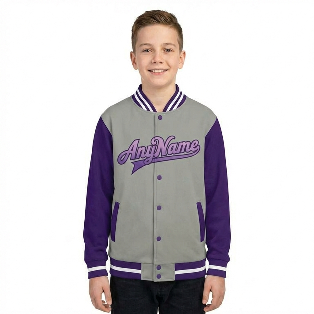 Custom Grey & White/Purple Raglan Sleeves Full-Snap Fleece Jacket