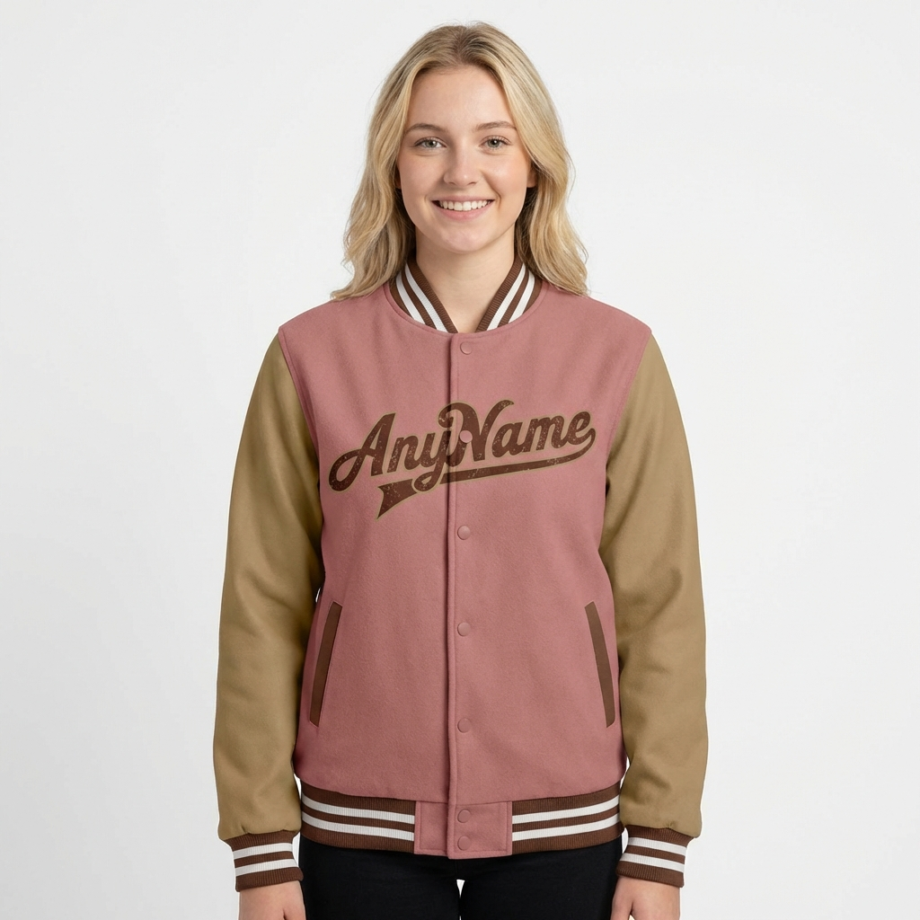 Custom Pink & Burgyndy/Brown Raglan Sleeves Full-Snap Fleece Jacket