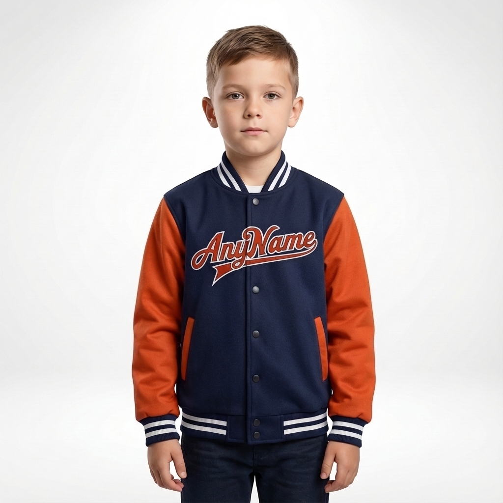Custom Navy & Orange/White Full-Snap Raglan Sleeves Fleece Jacket